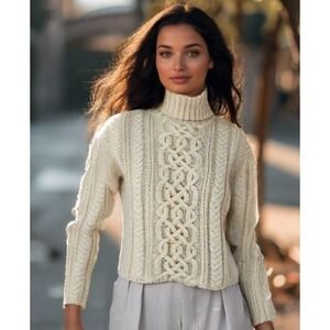 Paul James Wool Cableknit Sweater Size Small Ivory RollNeck Long Sleeve Crop EUC